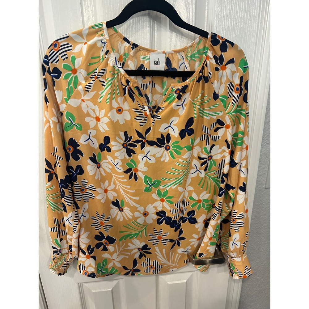 Cabi Blouse Yellow Tropical Floral Smocked Cuff Split Neck Top 6296